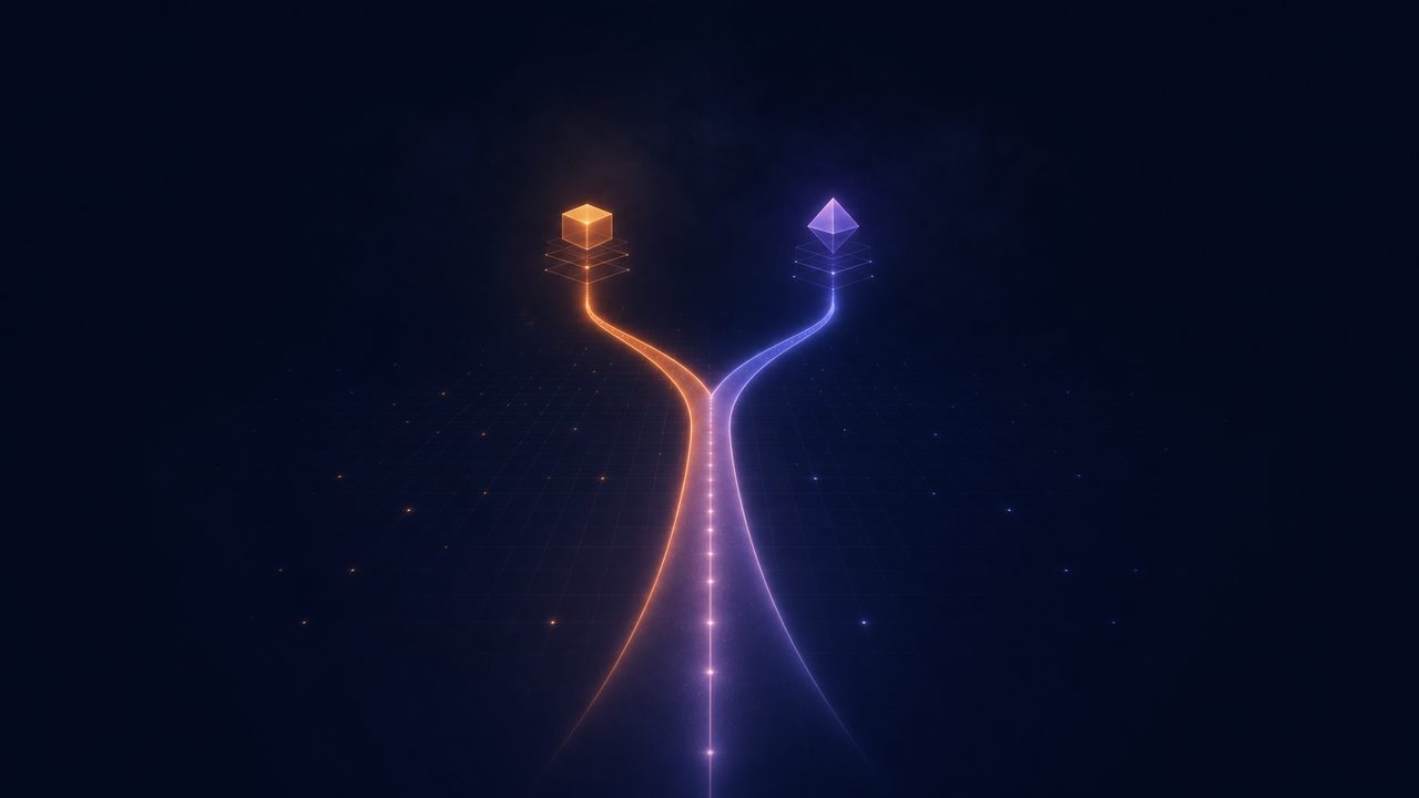 Abstract graphic of a single glowing path forking into two diverging routes toward two distinct partnership destinations